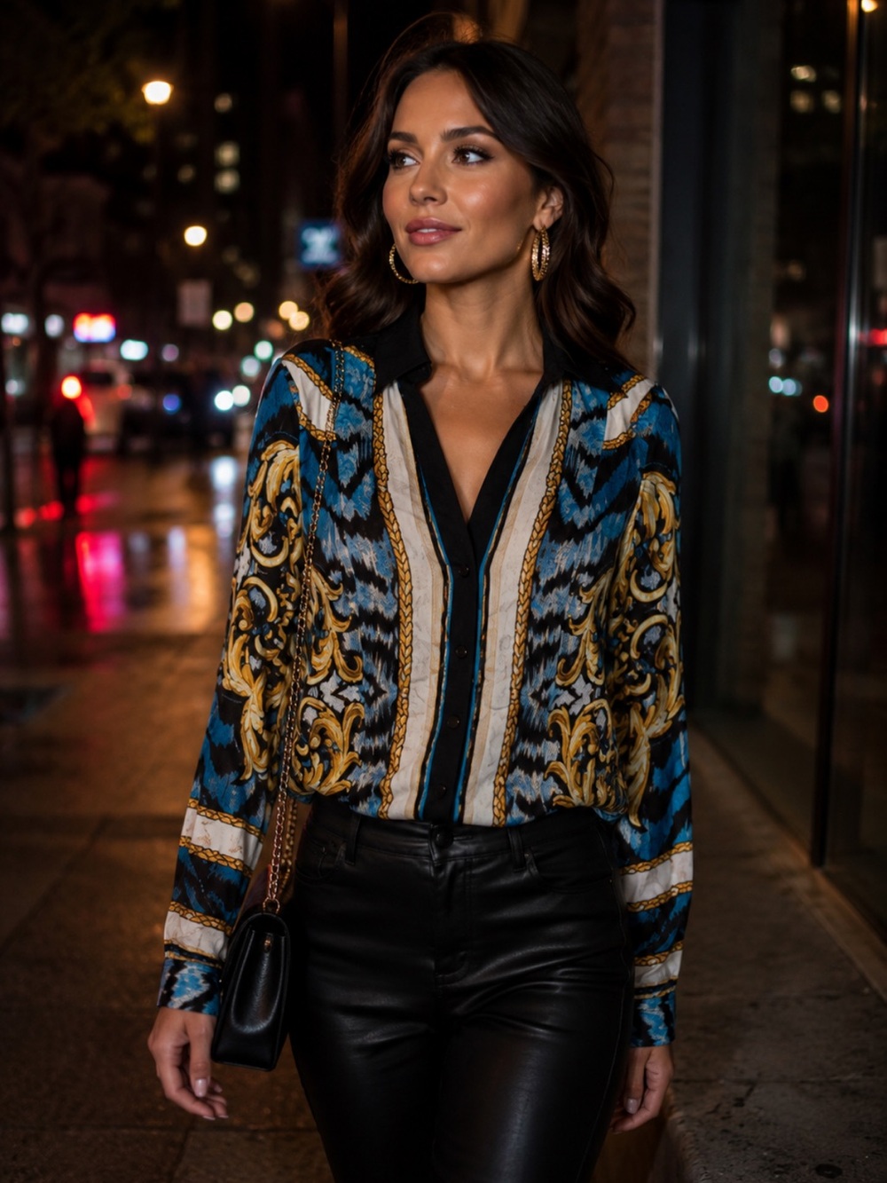 Cache Blue Black Gold Baroque Chain Print Silk Vintage Y2K Button Front Blouse M